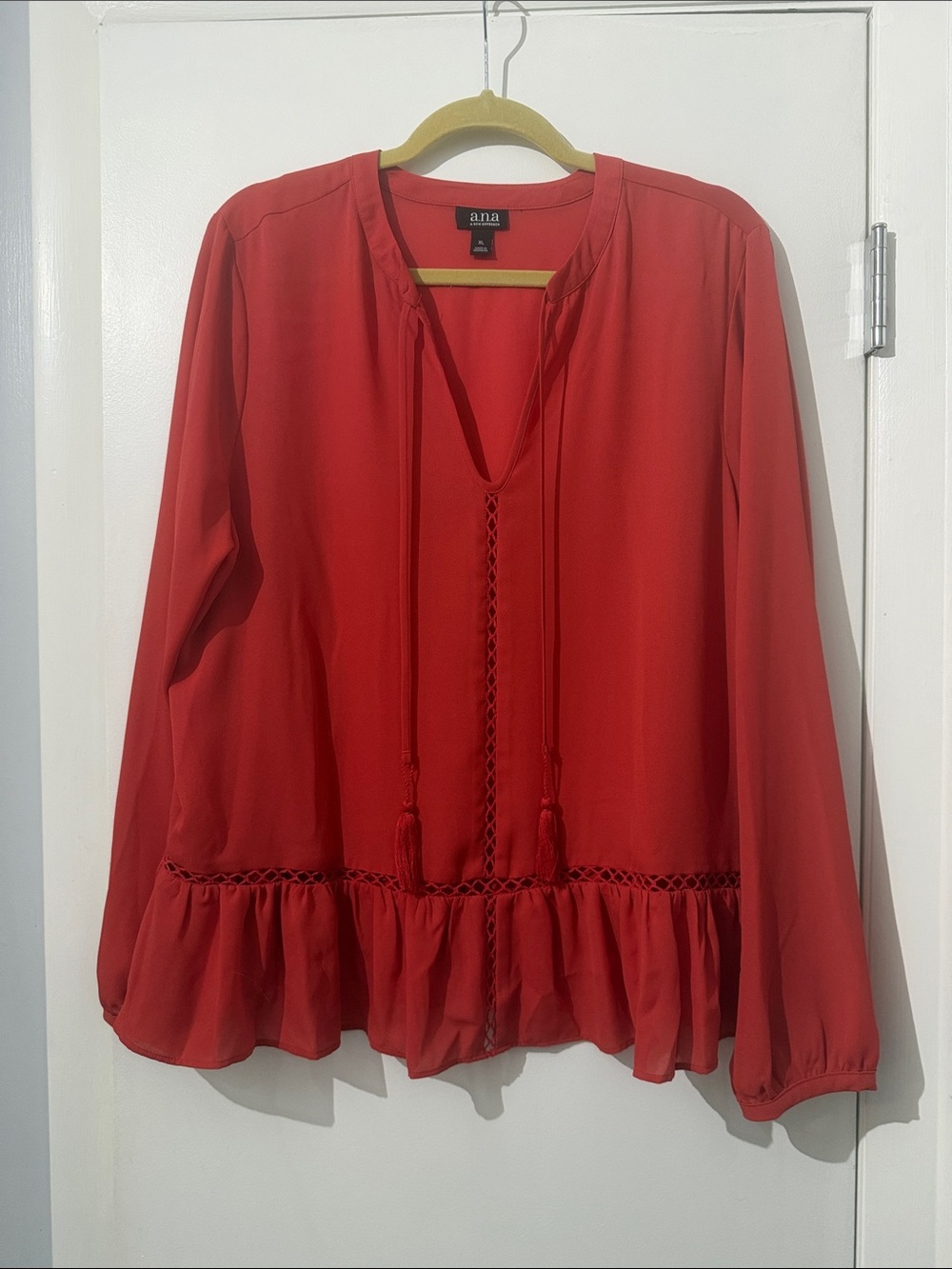 a.n.a Red Peasant Tie-Neck Ruffle Hem Blouse Size XL